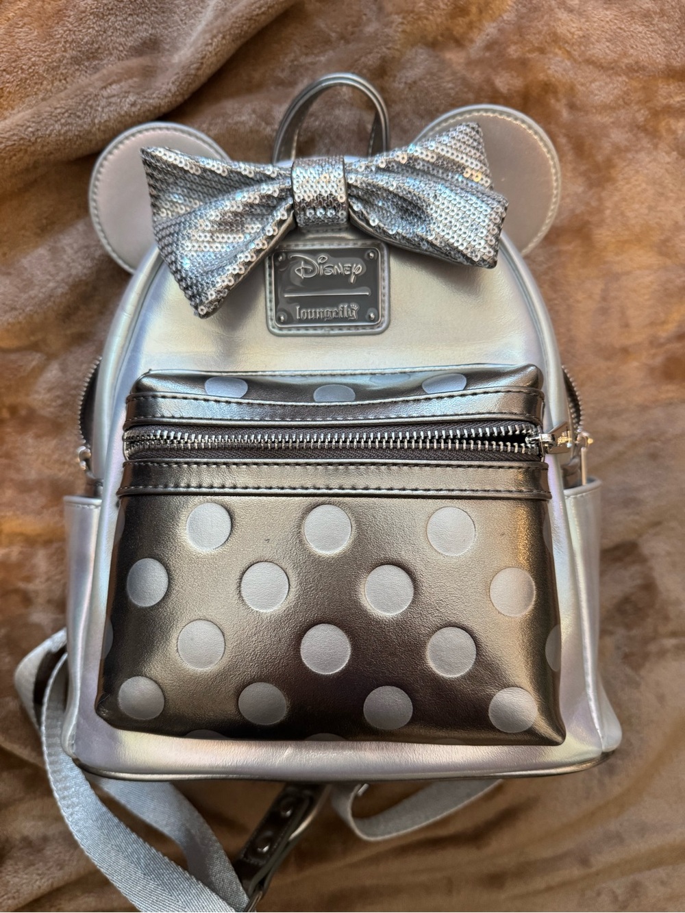 Disney Loungefly Silver Polka Dot Mini Backpack Sequin Bow and Ears